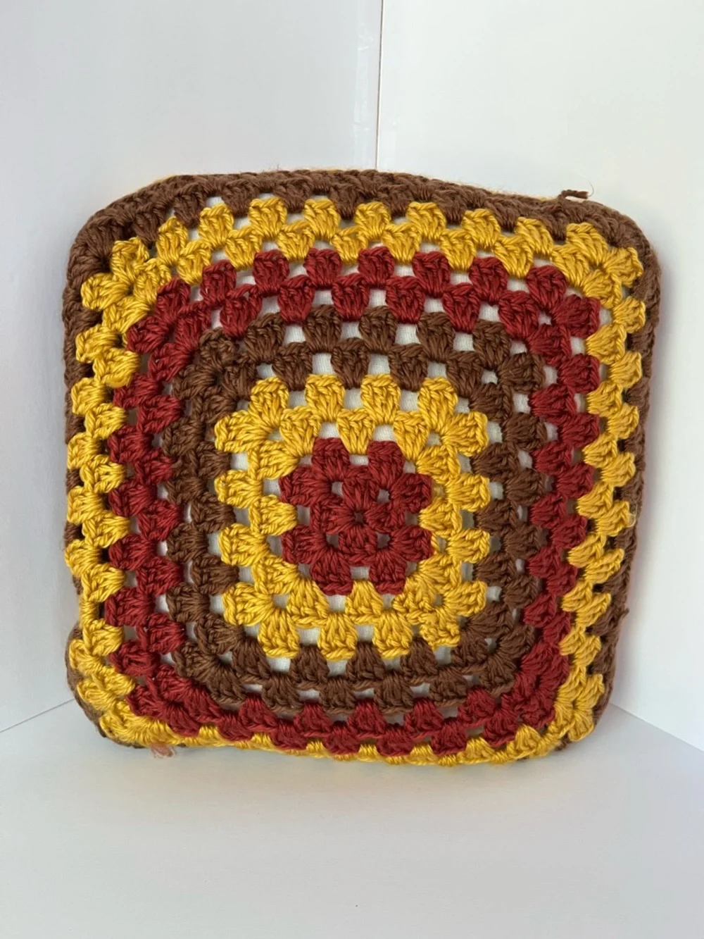 Handmade Crochet Knit Pillow Boho Granny Retro Multicolored 12x12 Reversible